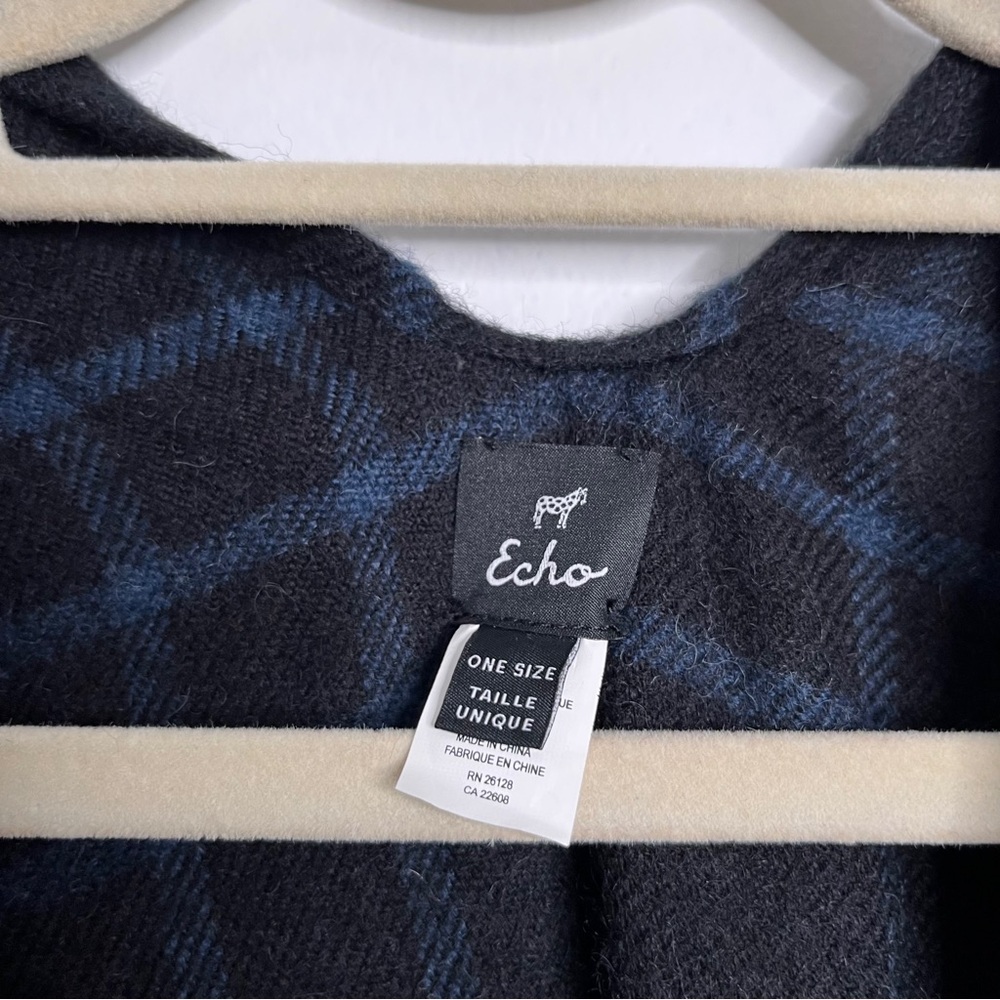 Echo Wool Blend Plaid Black and Blue Women's Cape with Fringe O/S - Picture 7 of 8